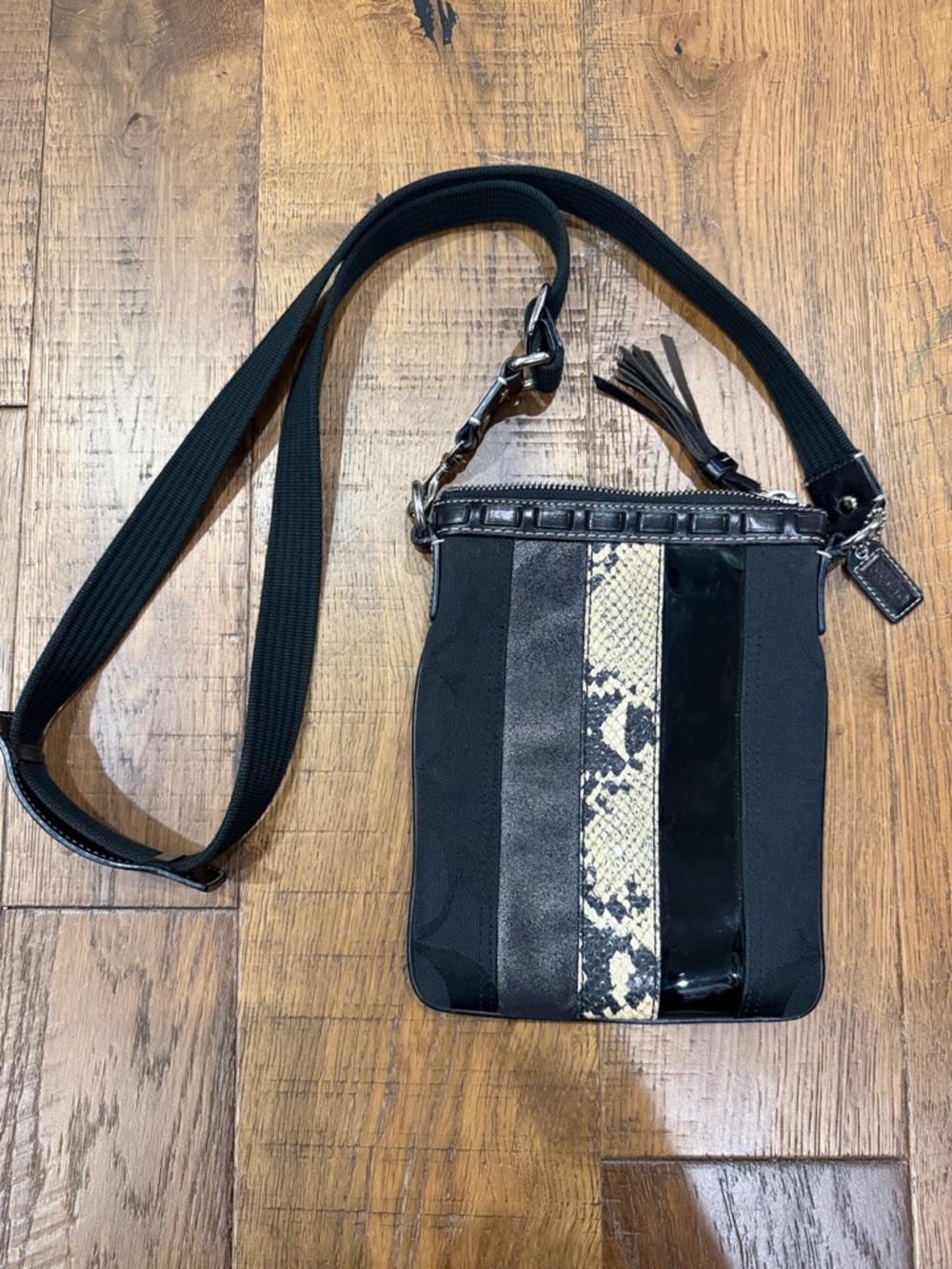 Vintage Coach Black Crossbody with Snake Print Stripe